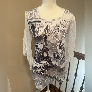 Mycra Paris Eiffel Tower Paris Graphic Crinkle Tunic Top Women’s Size Small